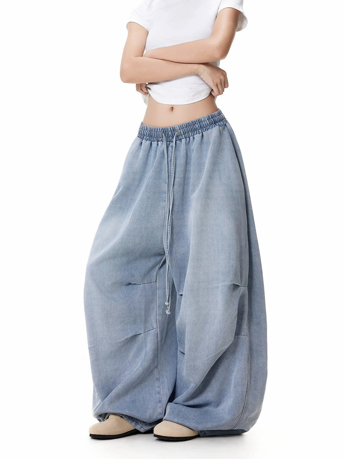 Wrinkled Drawstring Wide-Leg Jeans