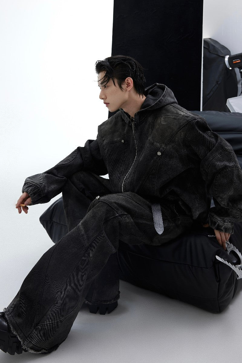 Distressed Hooded Shoulder-Pad Denim Jacket