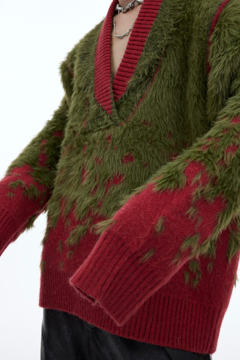 Gradient Shaggy V-Neck Knit Sweater