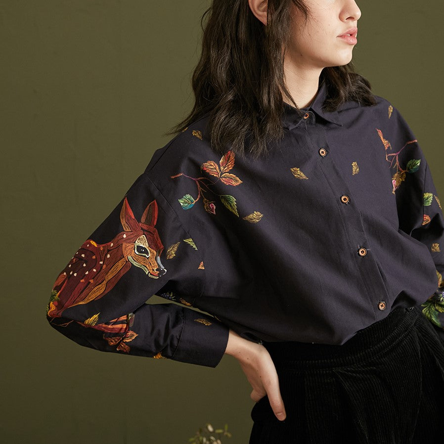 Enchanted Forest Deer Embroidered Blouse