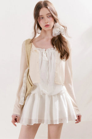 100% Lyocell Lace Trim Sheer Knit Cardigan
