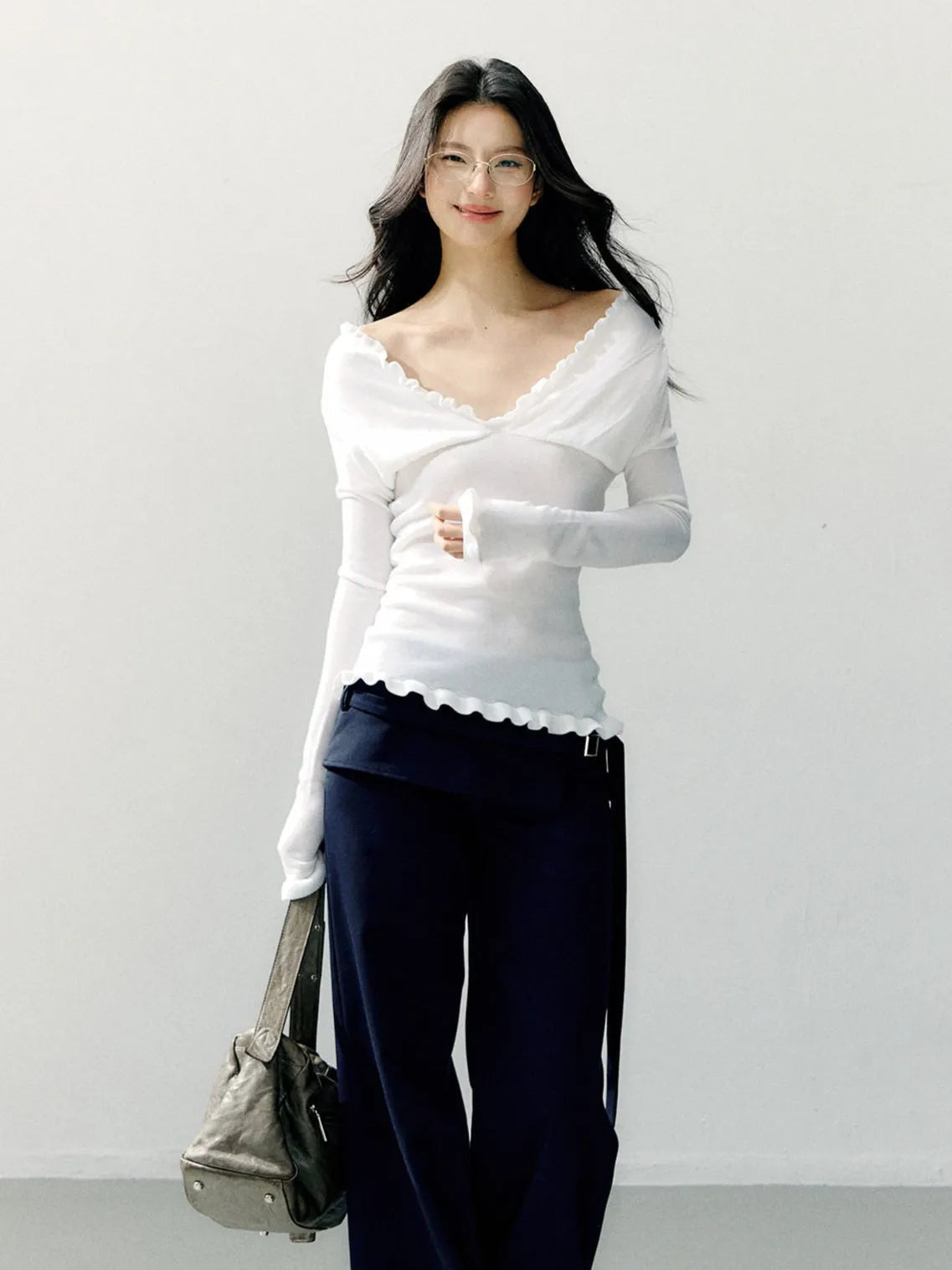Off-Shoulder Ruffle Trim Fitted Knit Base Layer