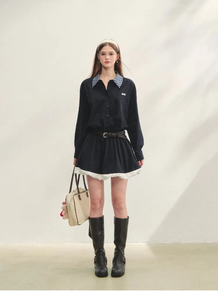 Black Lapel Checkered Panel Tulip Dress