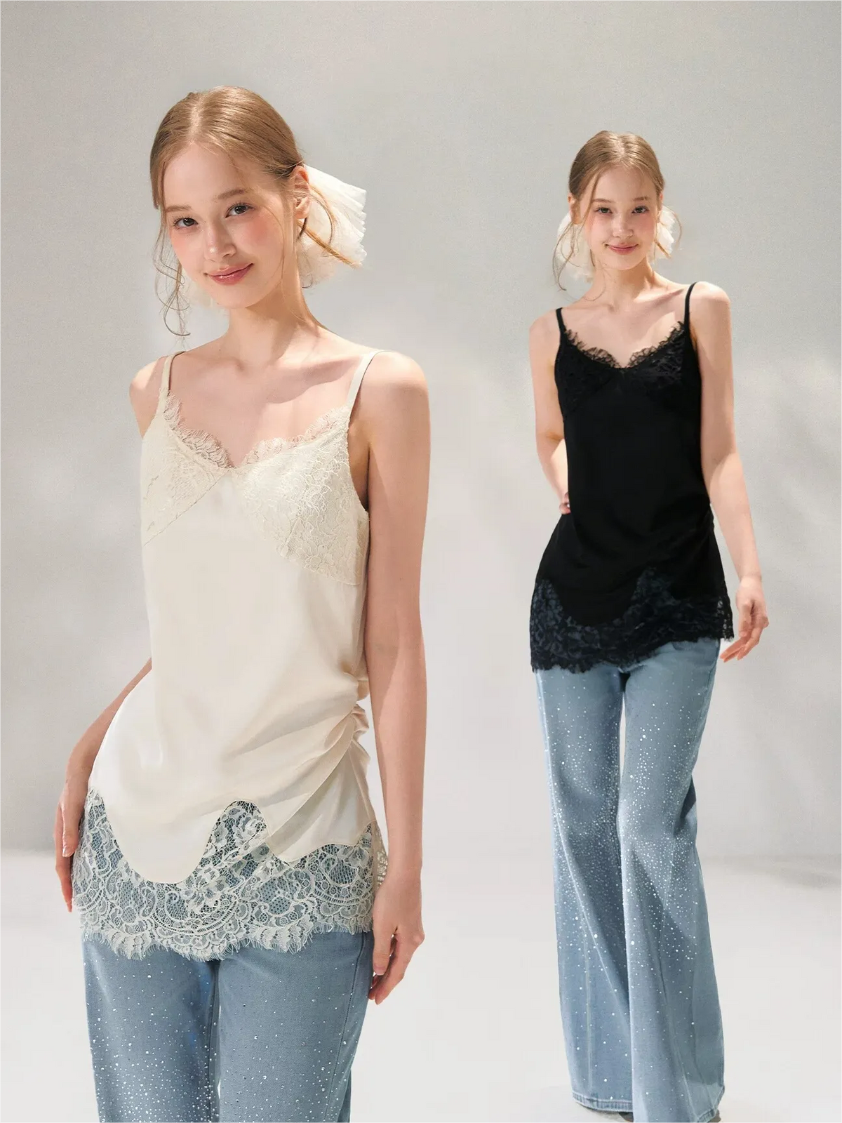 Asymmetric Lace-Trim Satin Camisole