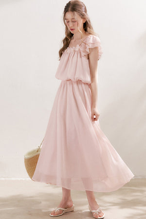 3D Floral Chiffon Flutter Sleeve Dress
