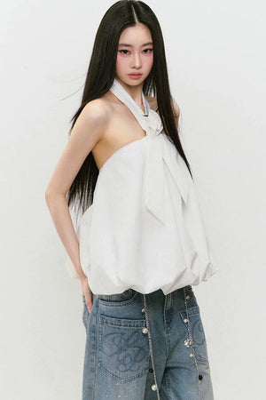 3D Rose Tie Fluffy Halter Top