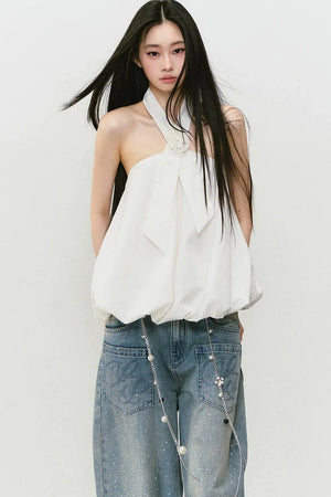 3D Rose Tie Fluffy Halter Top