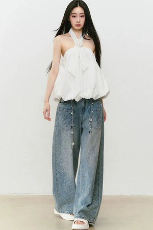 3D Rose Tie Fluffy Halter Top
