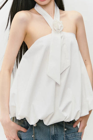 3D Rose Tie Fluffy Halter Top