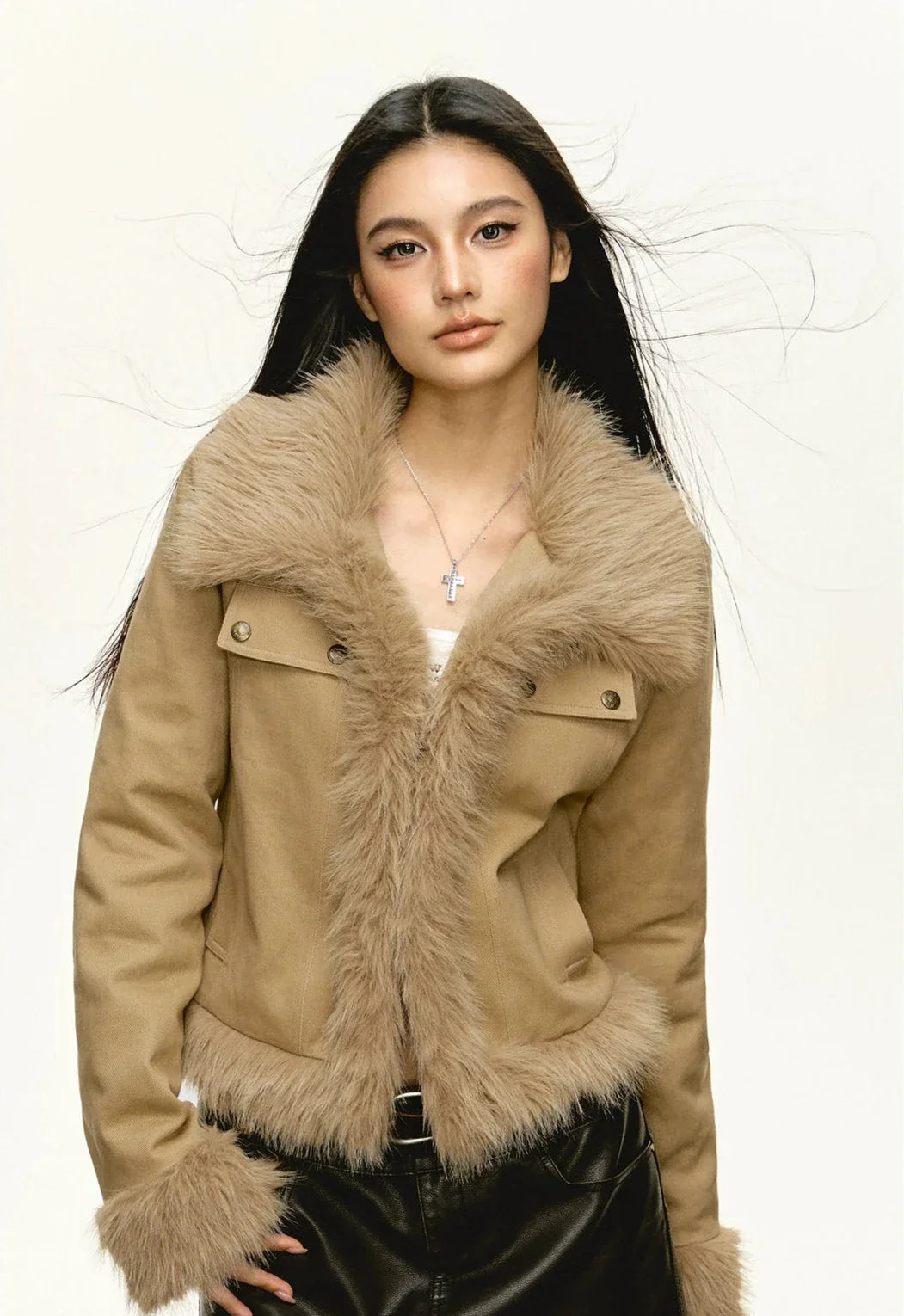 Khaki Faux-Fur Trim Cropped Jacket