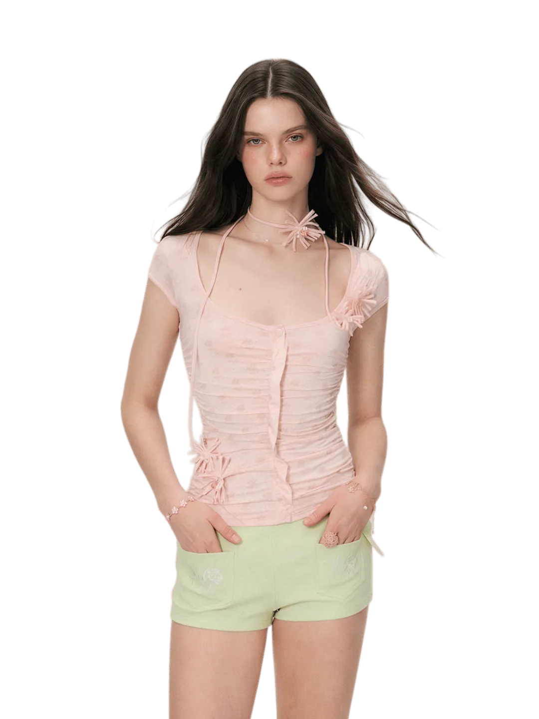 Floral Ruched Slim-Fit T-Shirt