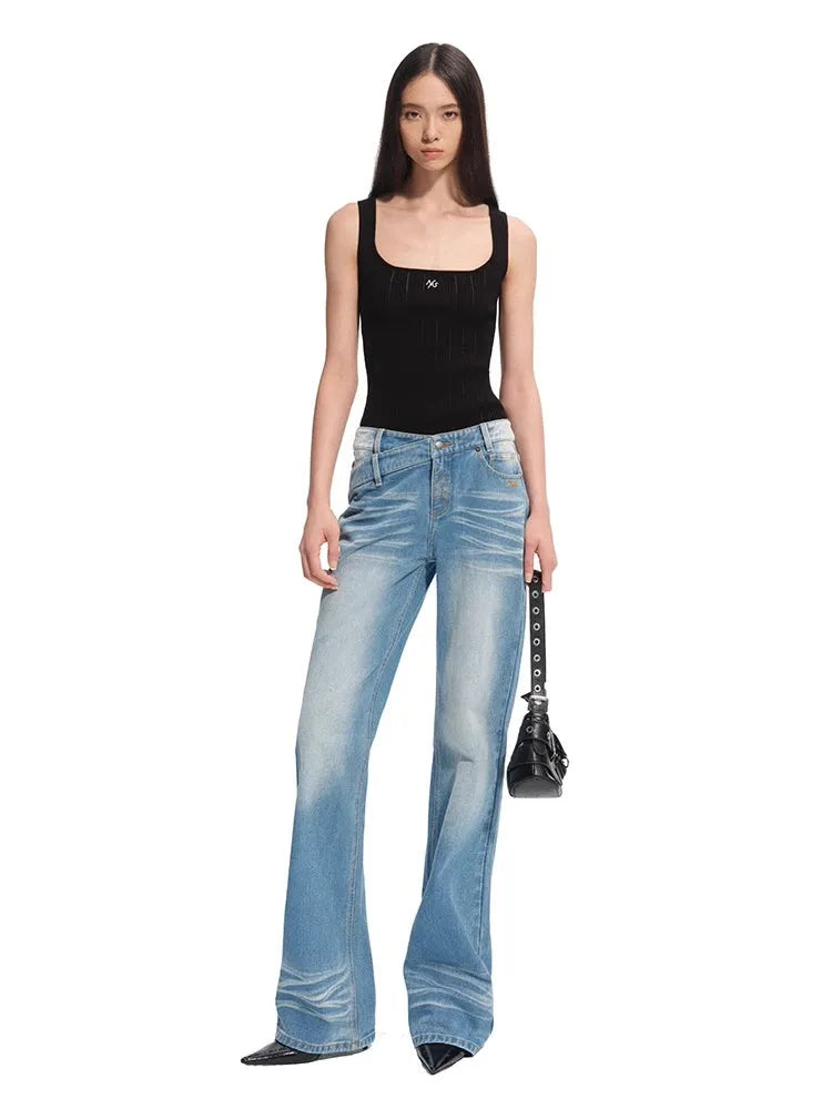 +5CM N2 Loose V-Waist Raw Denim Straight Jeans