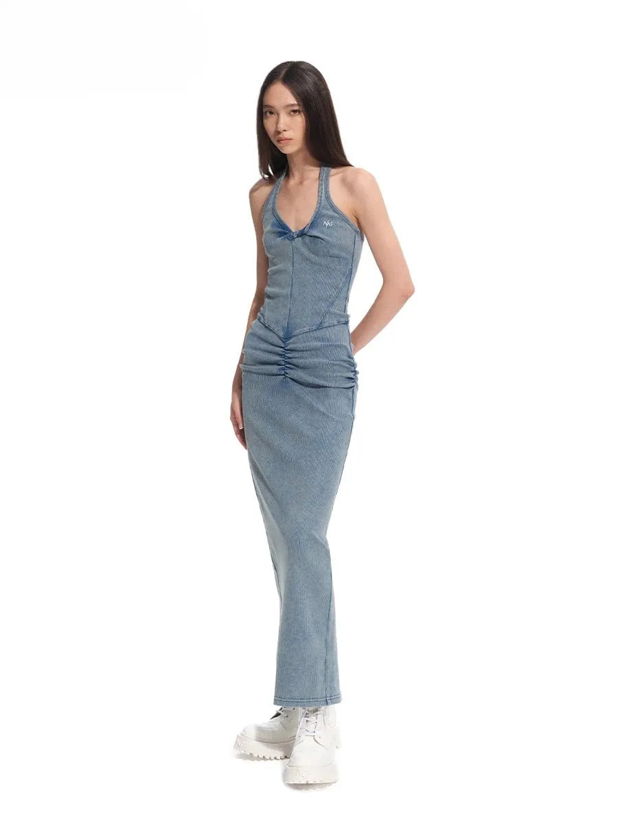 "Feria Series" Volcano V-Waist Pleated Halter Dress