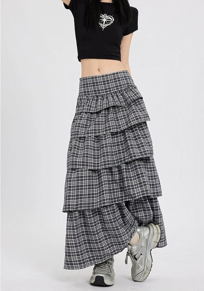 Plaid Tiered Maxi Skirt