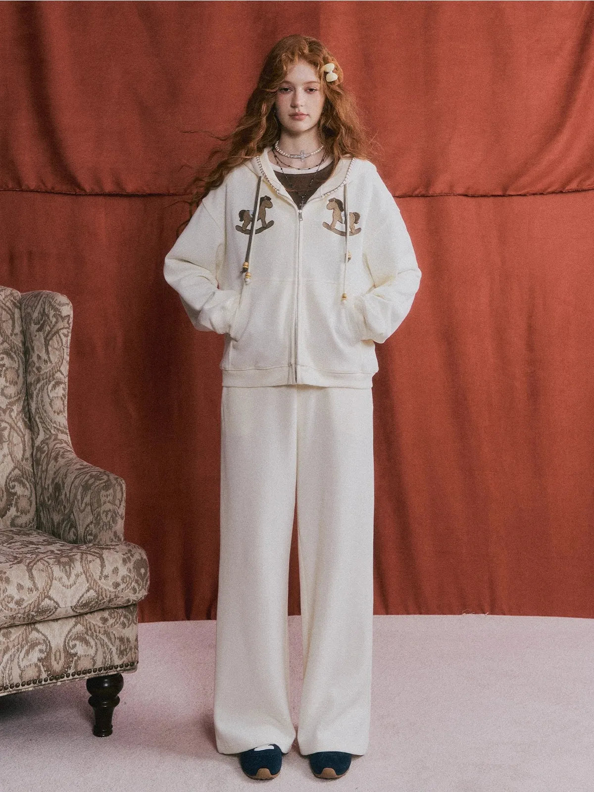 Embroidered Horse Beaded Zip-up Hoodie & Pants Set