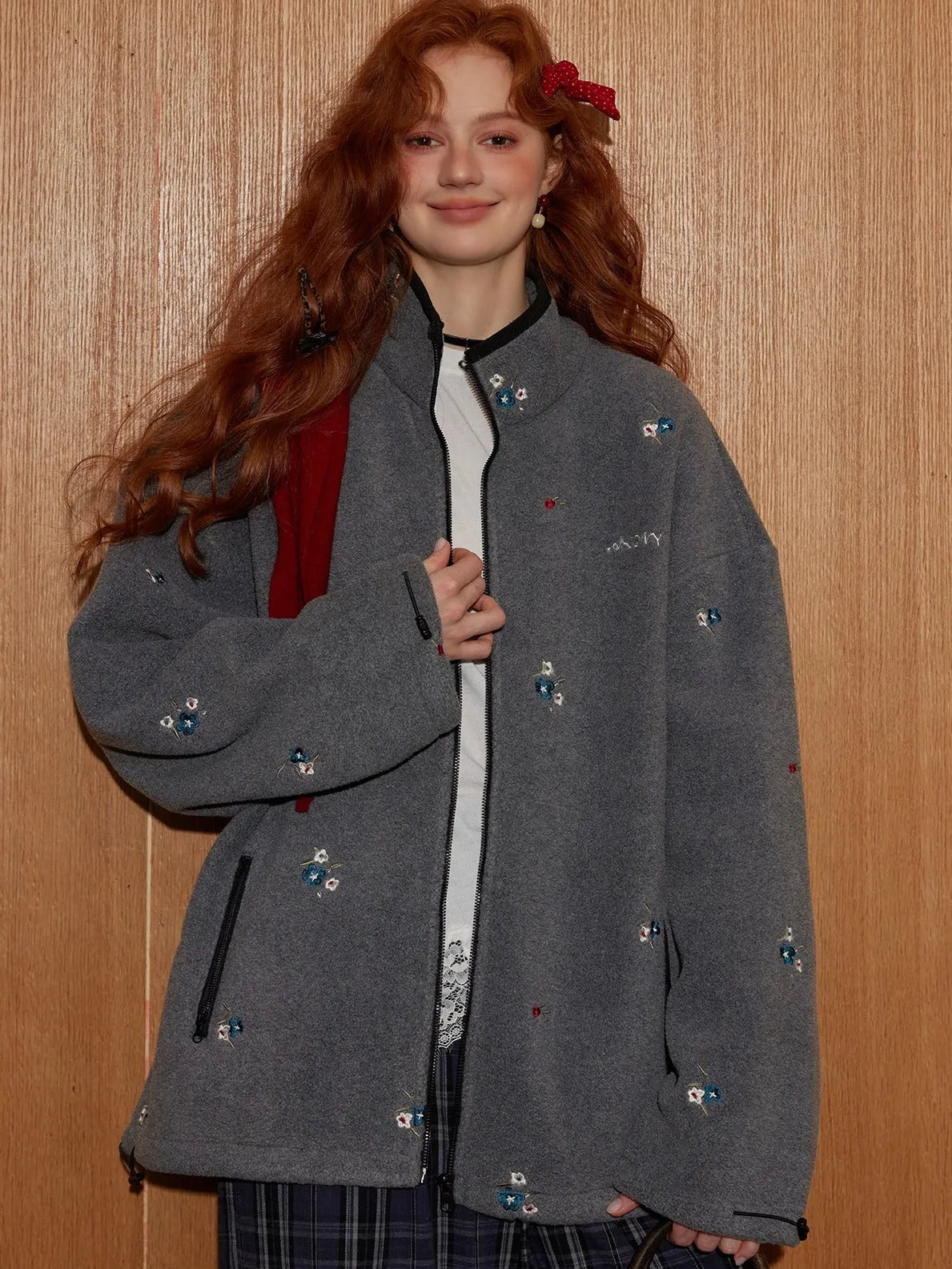 Floral Embroidered Plaid Fleece Oversized Jacket