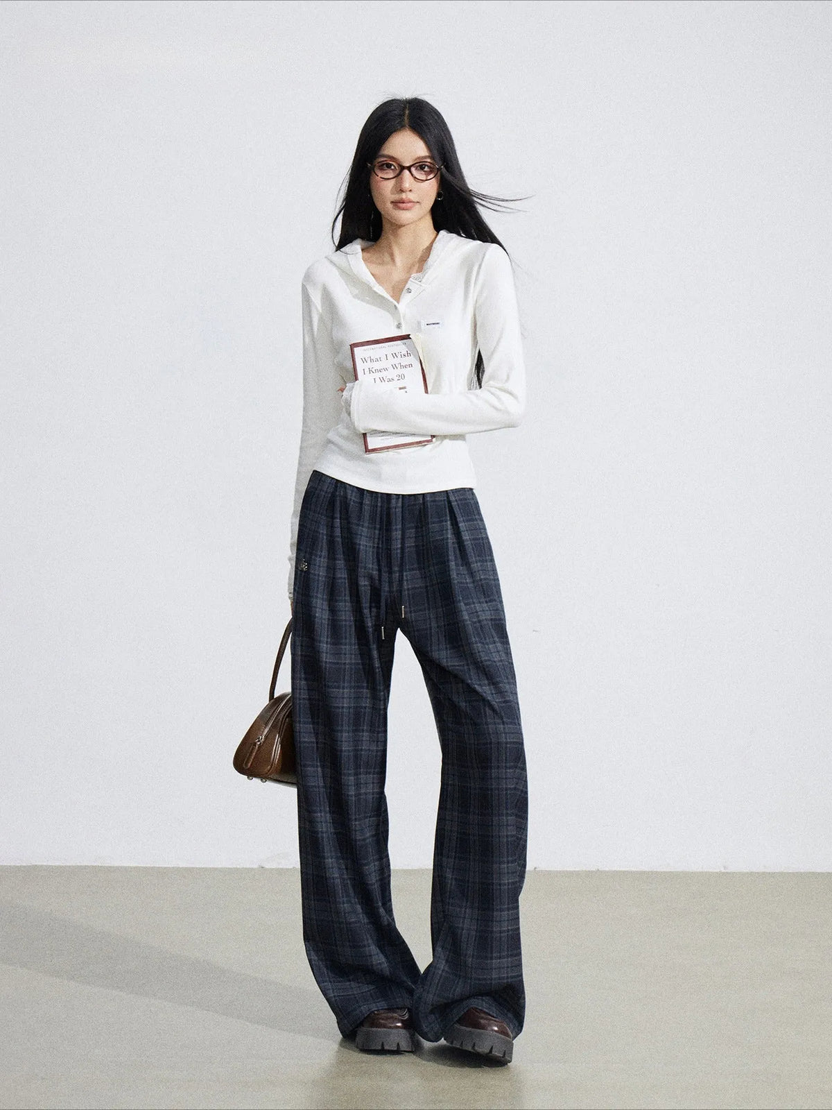 Elastic Waist Plaid Panel Wide-Leg Trousers
