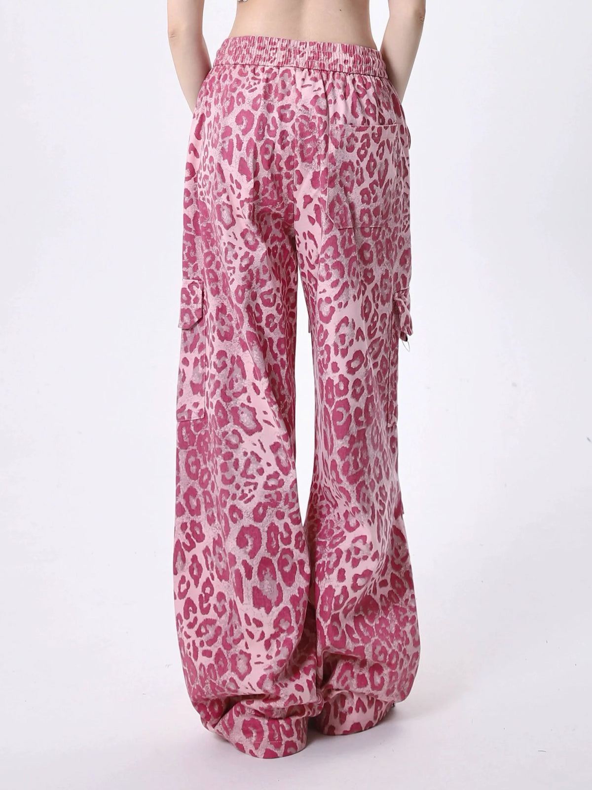Pink Leopard Print Wide Leg Cargo Pants
