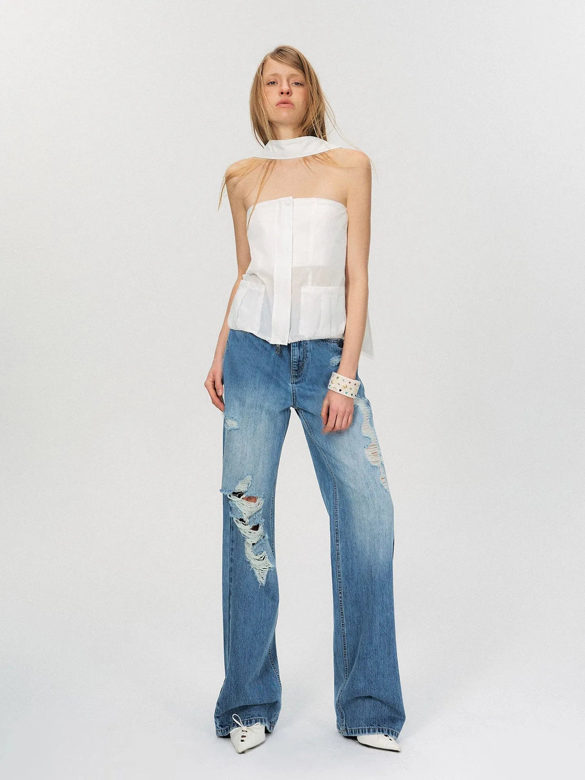 Sheer Utility-Inspired Strapless Peplum Top