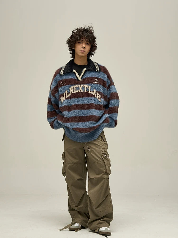 Fuzzy Striped Rugby Collar Sweater