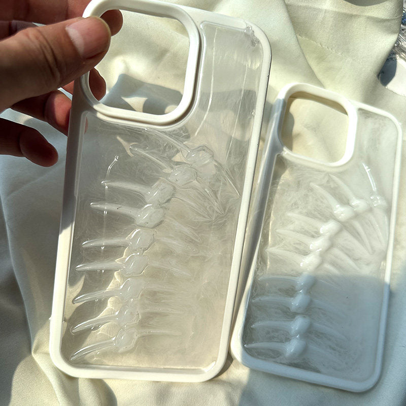 Two minimalist white-edge iPhone cases featuring a 3D white skeleton bone design on a smoky background.