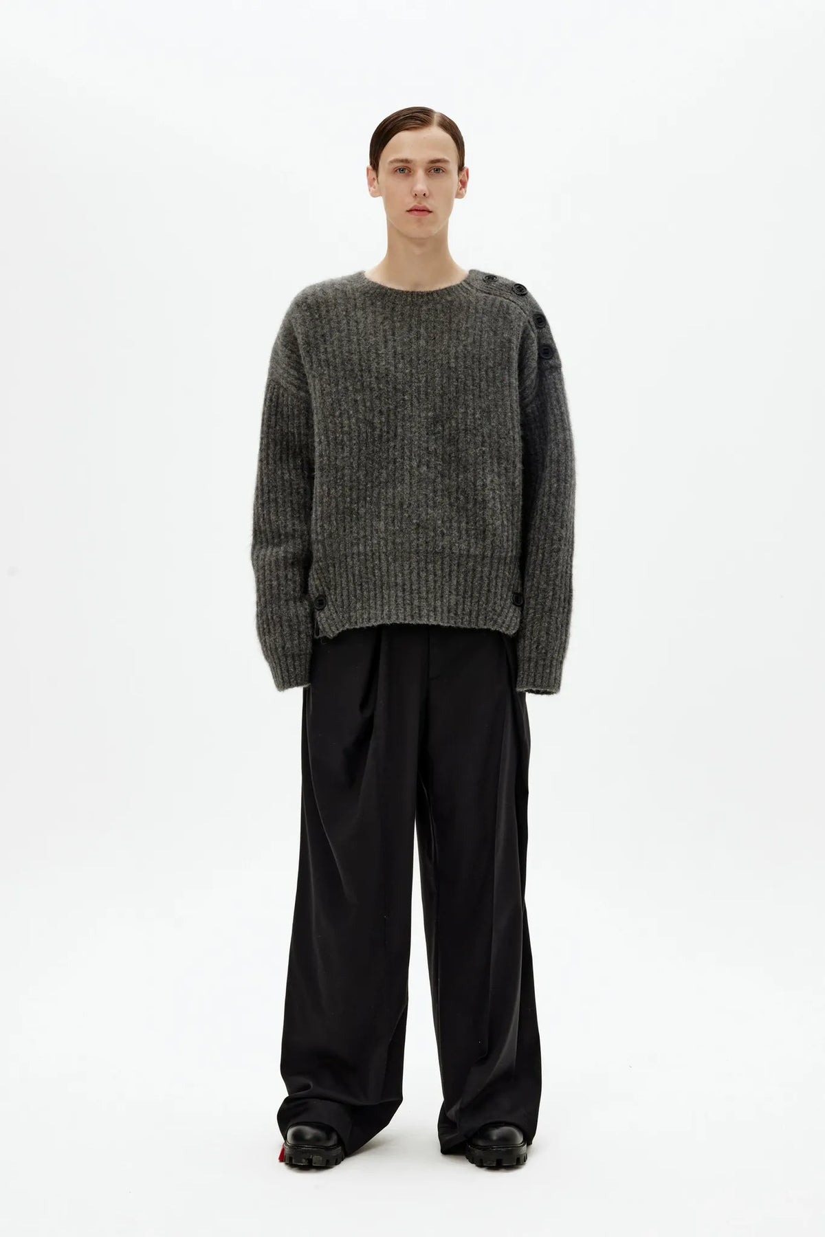 Mohair Wool Multi-Button Crewneck