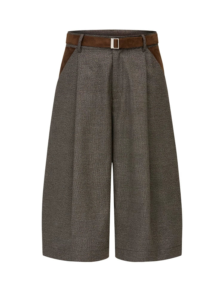 Pleated Cropped Wide-Leg Pants with Belt Detail