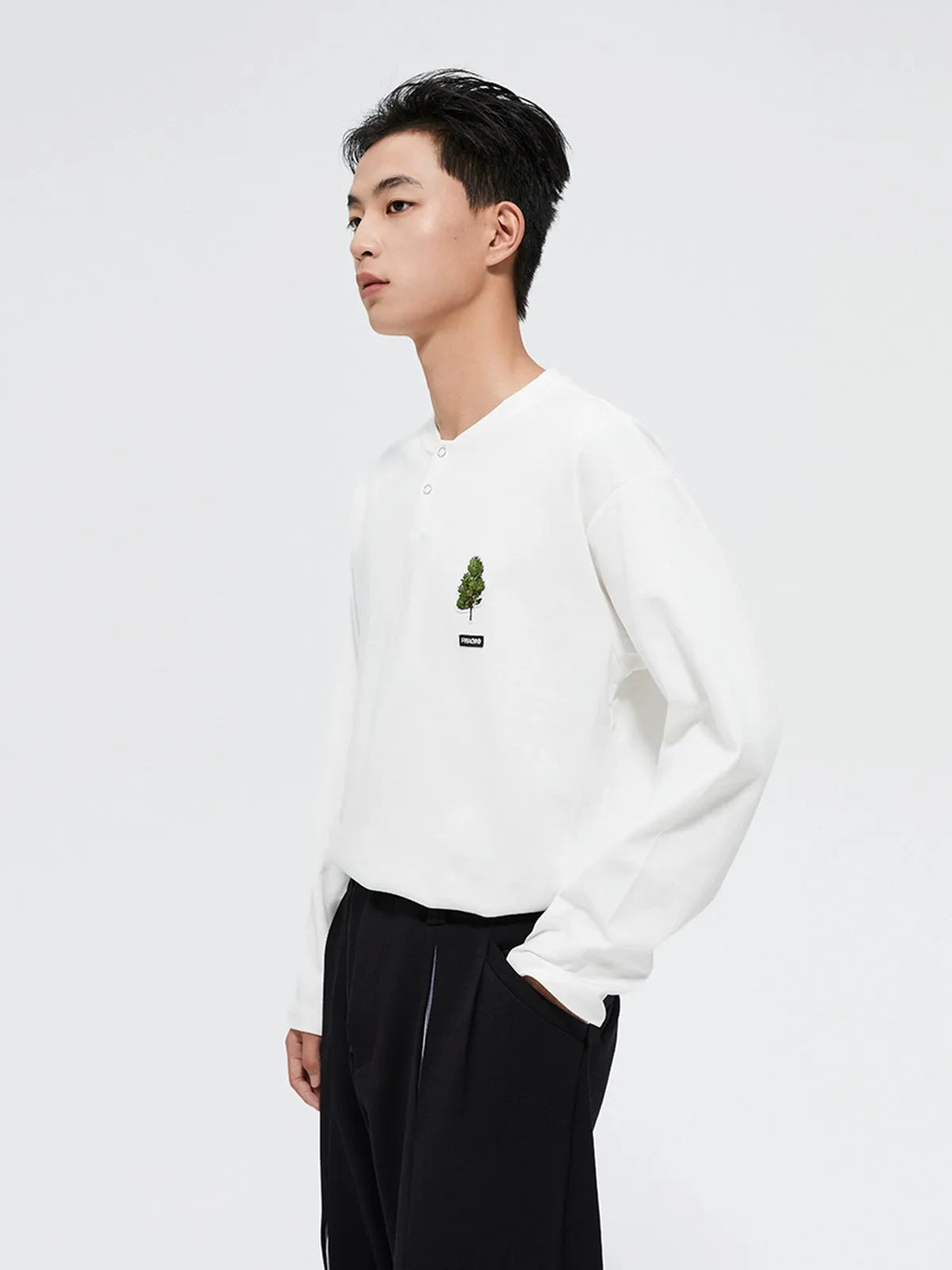 White & Black Henley Collar Long-Sleeve T-Shirt