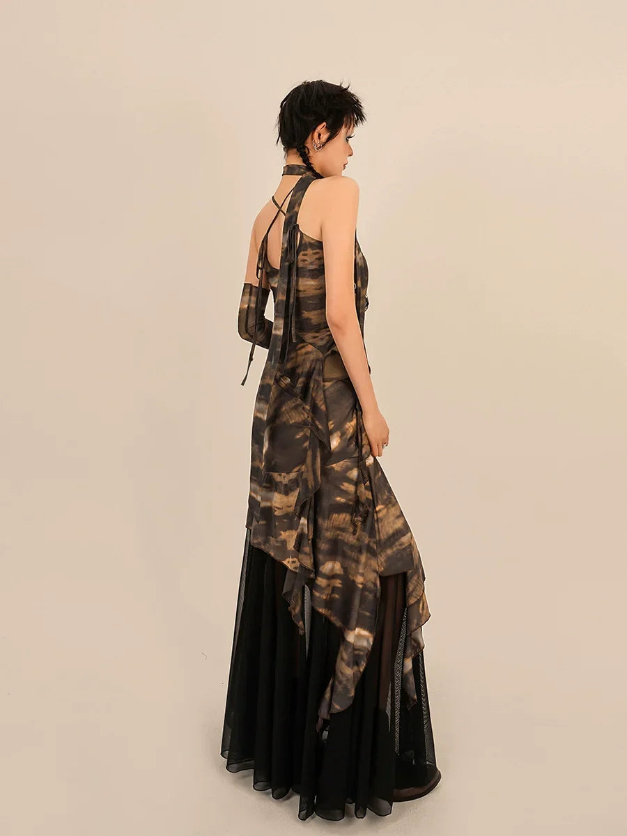 Nico Molly Abstract Tie-Dye Asymmetrical Skirt - Brown and Black