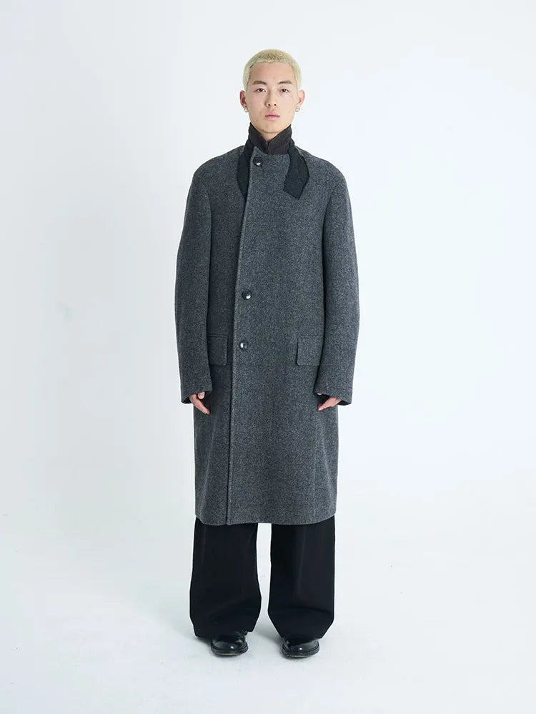 Dark Green & Gray Multi-Collar Woolen Coat