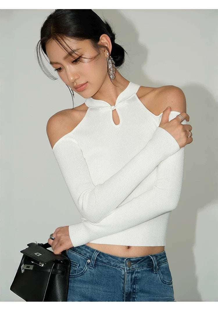 Keyhole Cutout Cold‑Shoulder Knit Top