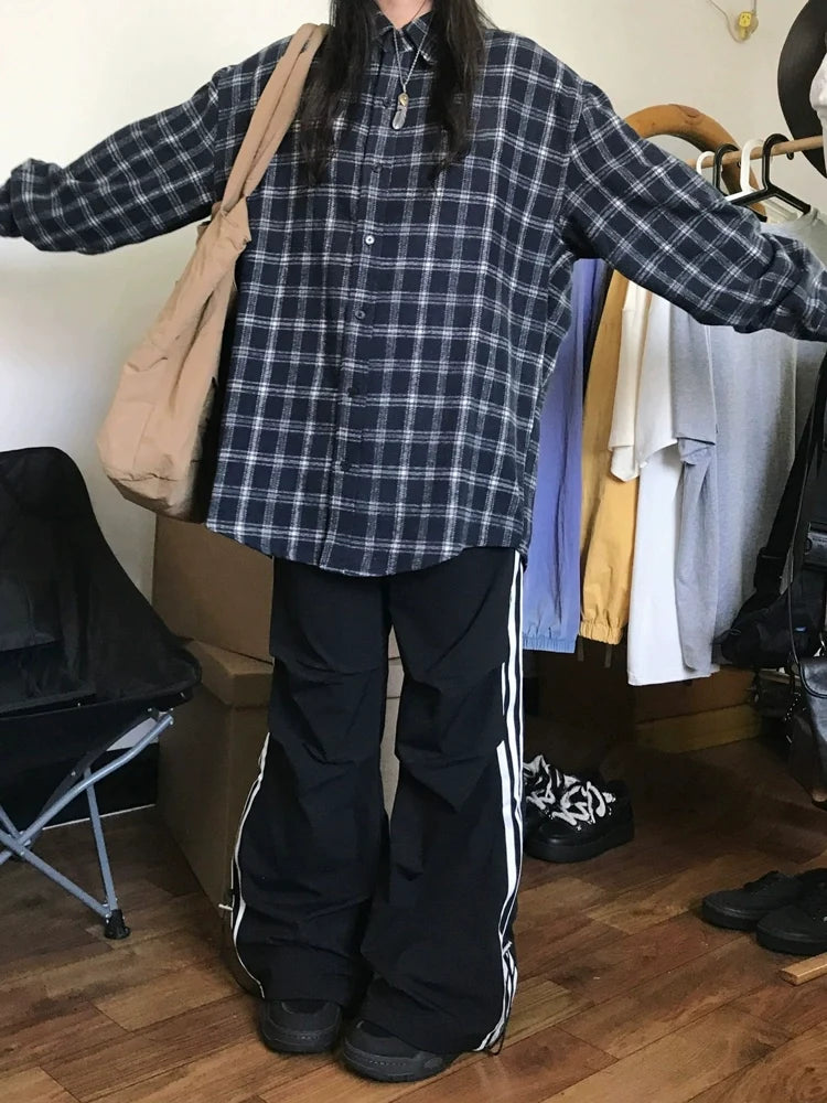 Navy Plaid Oversized Flannel Shirt