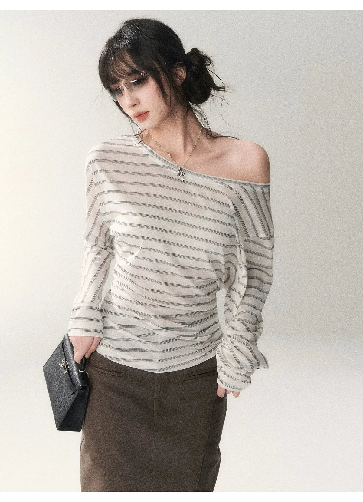 Asymmetric Off-Shoulder Striped Tencel Slim-Fit Long Sleeve Top