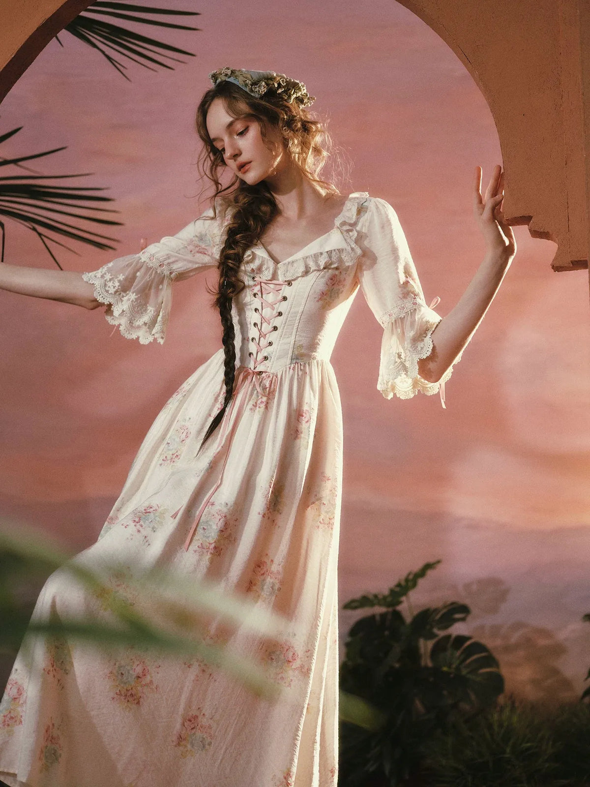 Palm Garden French Countryside Floral Midi Dress