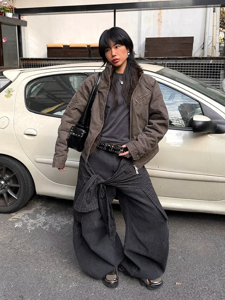 Convertible Plaid Drape Barrel Jeans