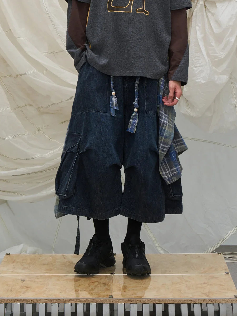 Layered Plaid Wrap Denim Shorts