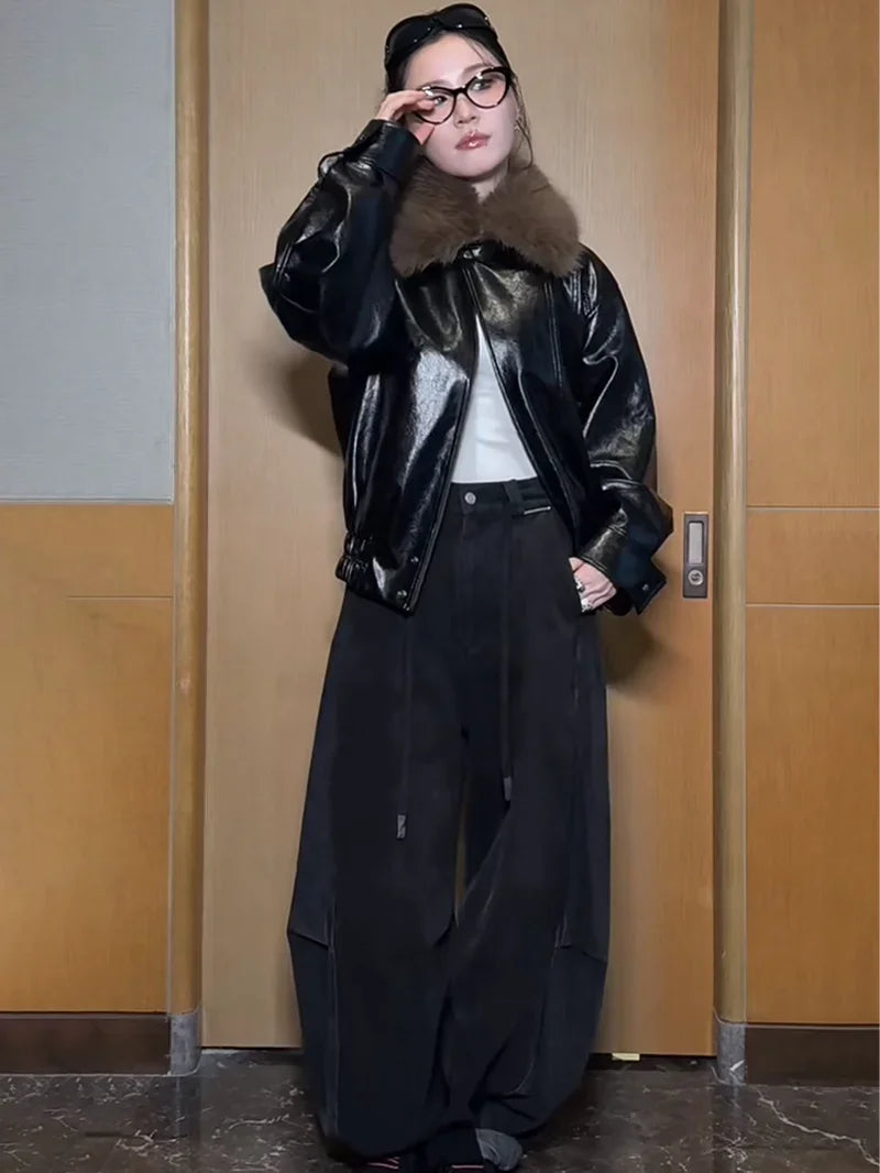 Layered Plaid Balloon Denim Pants