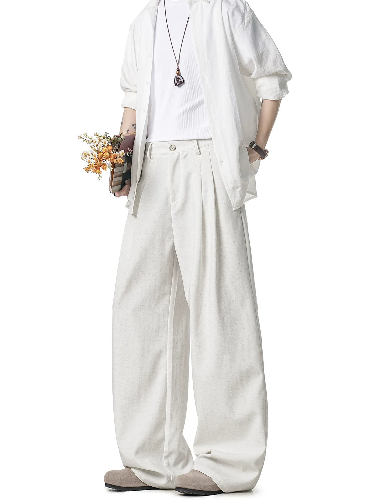 Latte Pleat Relaxed Wide-Leg Trousers