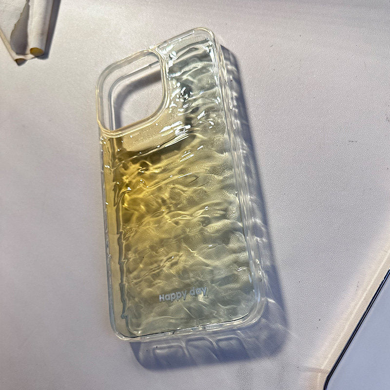 A clear iPhone case with a gradient orange water ripple texture and 'happy day' text.