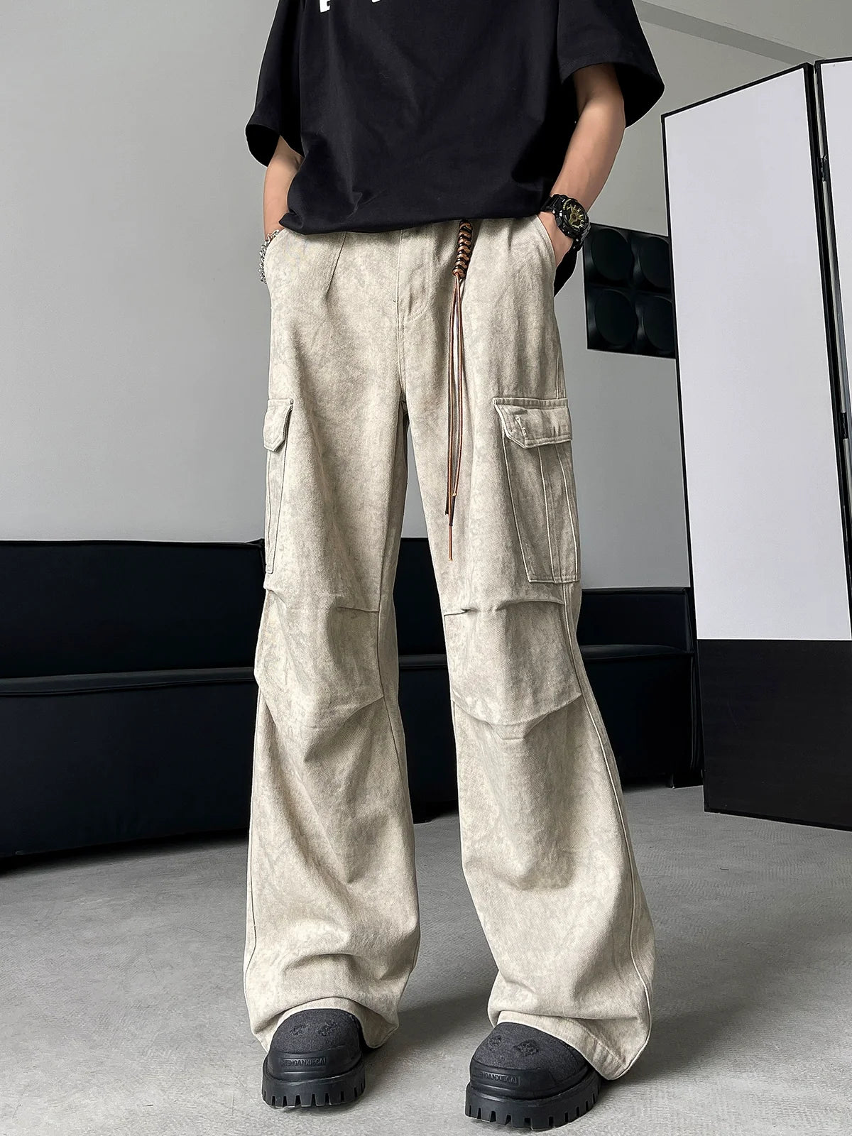 Apricot Stone-Wash Wide-Leg Cargo Pants