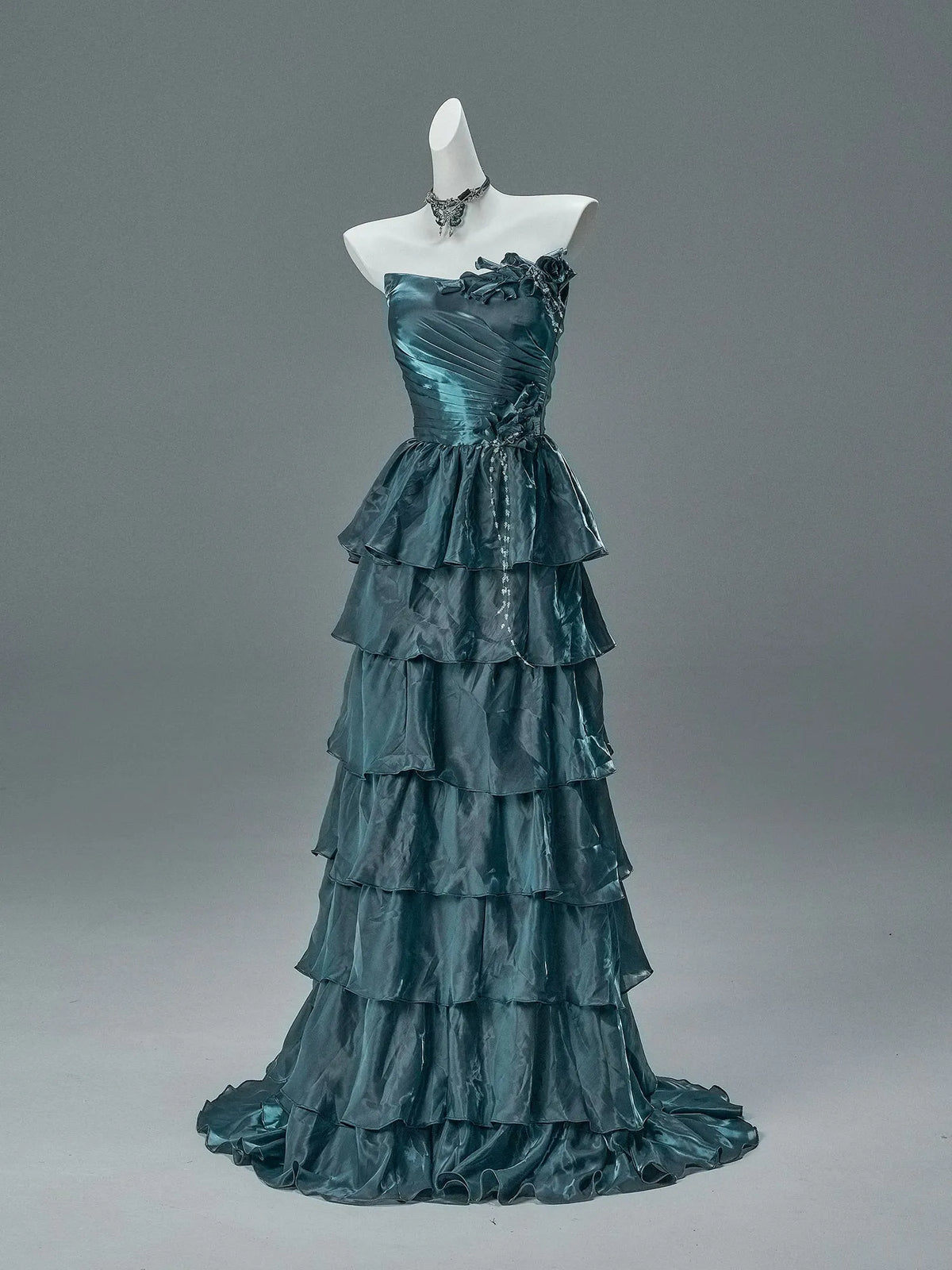 Bengi Midnight Teal Tiered Couture Gown