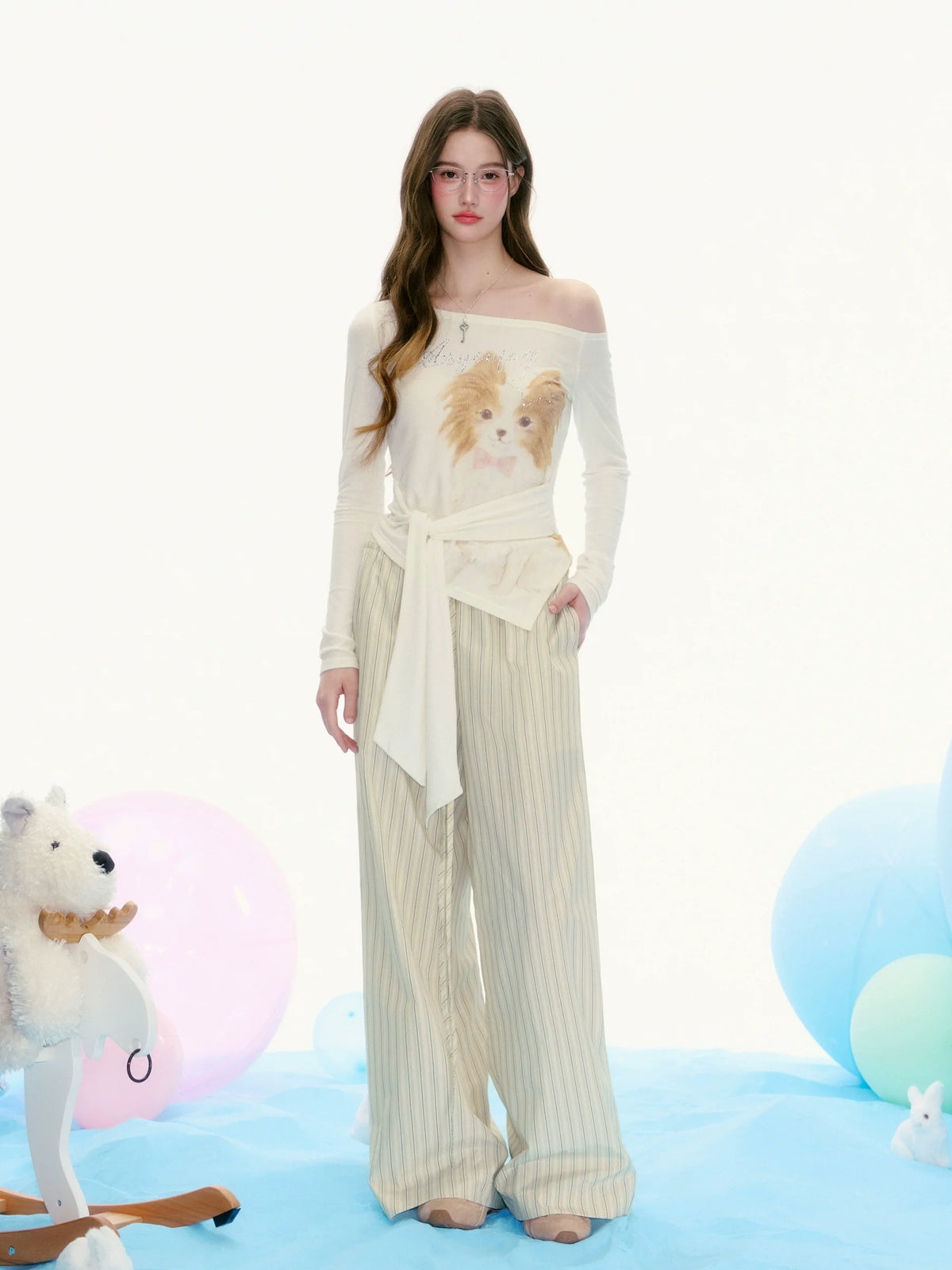 Papillon Dog Print Off-Shoulder Top with Tie Waist