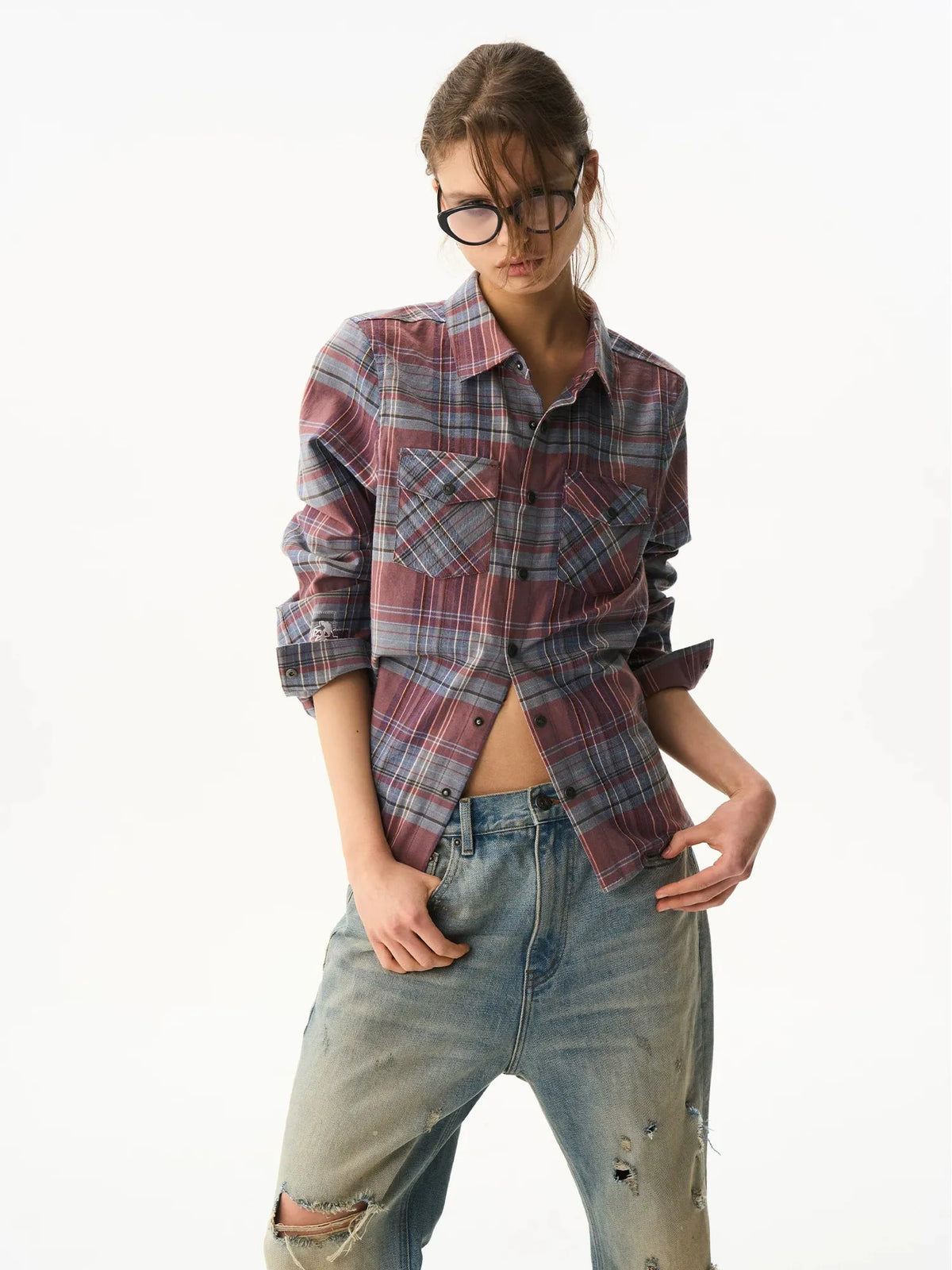 Cropped Embroidered Check Shirt