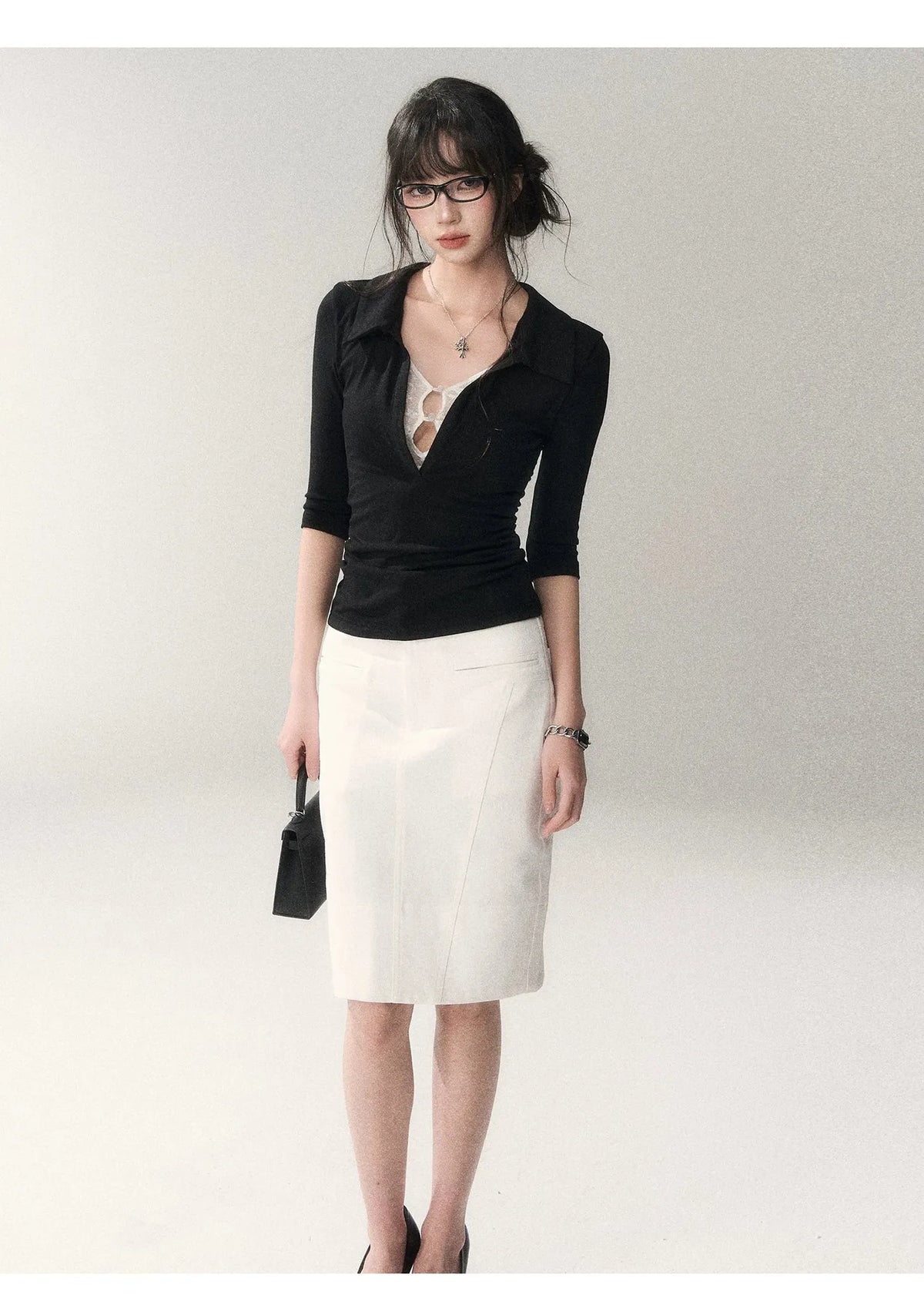 Black Lace Panel Faux-Layer Fitted Top