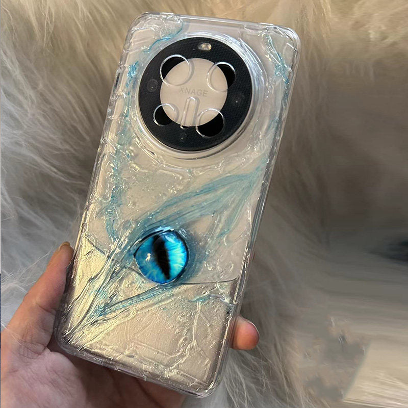 A transparent phone case featuring a 3D blue eye design and ice-like texture held in a hand.