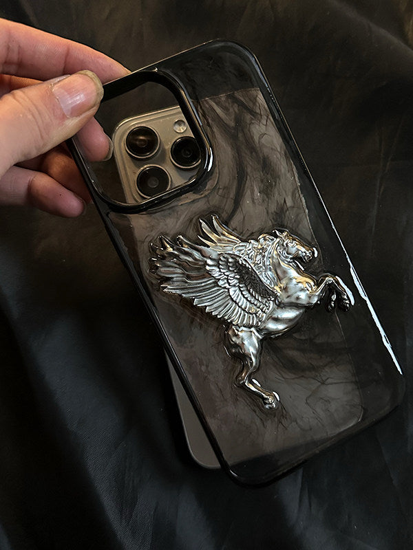Luxury black marble iPhone case with a 3D silver Pegasus emblem