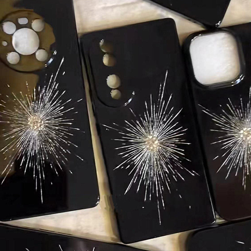 Solid Color Black Base Rhinestone Fireworks Ins Style Phone Case for Apple 15 Pro Max iPhone 14 Pro Premium Feel 13 Pro Max Full Coverage Soft Case 12 Pro Niche 11 Couple XR Anti-fall Case X