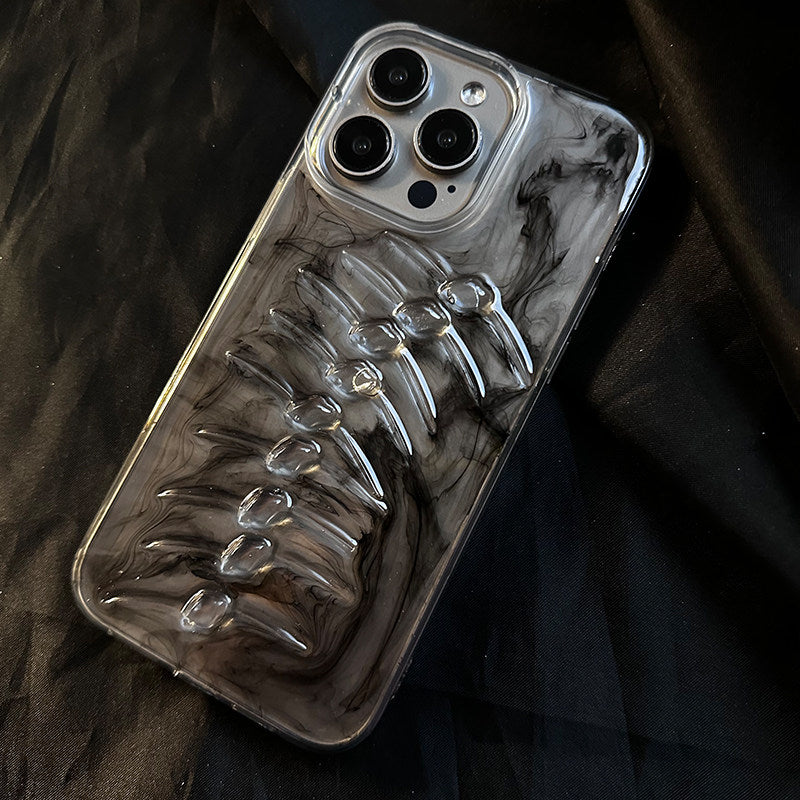 Transparent iPhone case with a 3D embossed fish bone design and smoky black marble pattern.