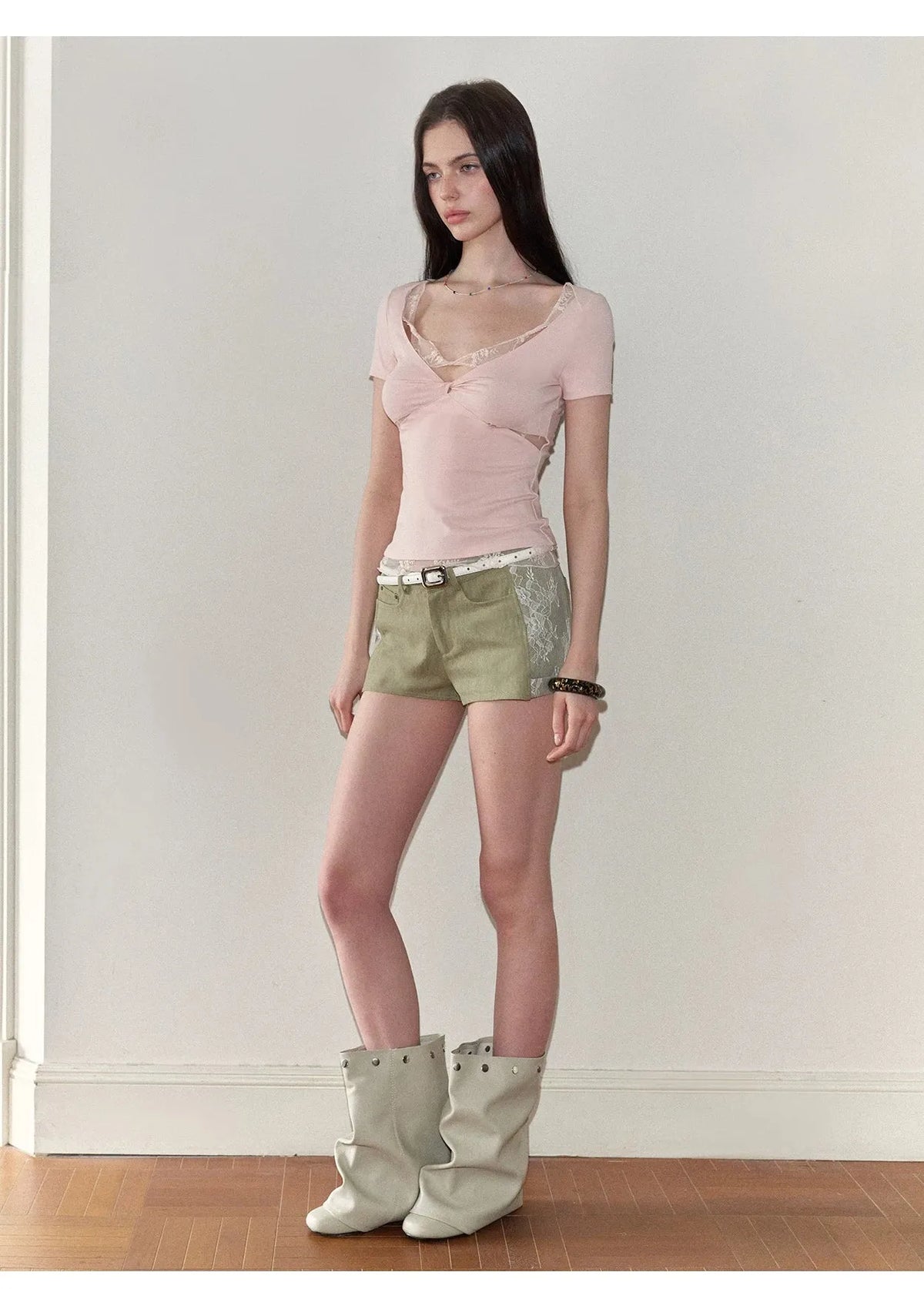 Lace Panel Ruched Slim-Fit T-Shirt