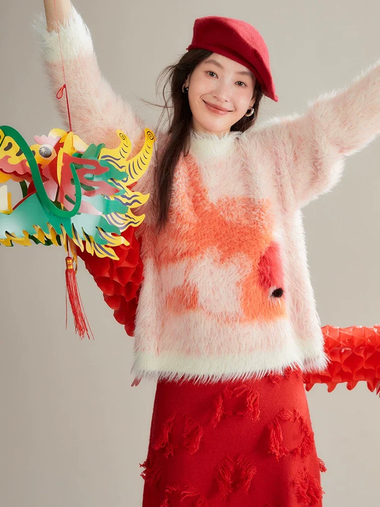 Red Koi Fuzzy Knit Sweater